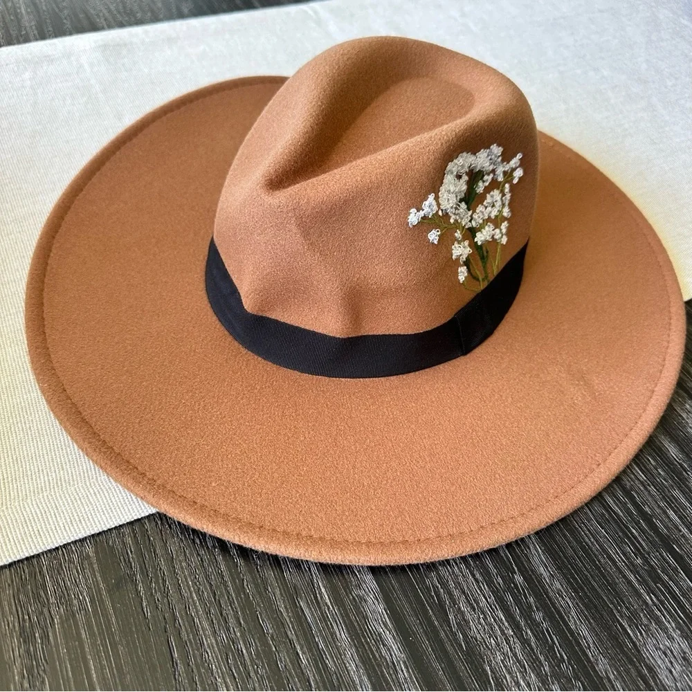 Lulus Classic Brown and Black Wide-Brimmed Felt Fedora, Floral Hand-Embroidered